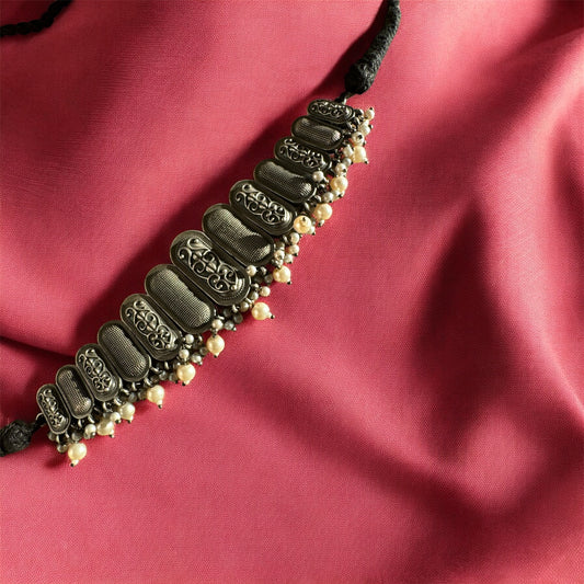 Oxidised Choker and Jhumka Set with Pearl Drops