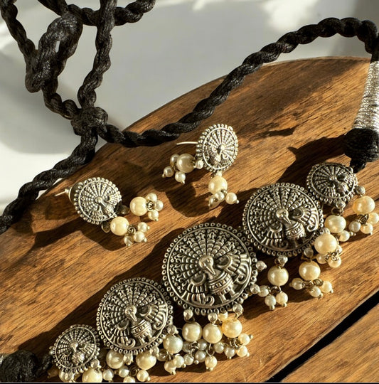 Oxidised Peacock & Pearl Choker Set