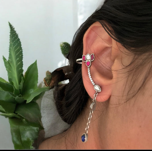 Oxidised Lotus & Moon Ear Cuff