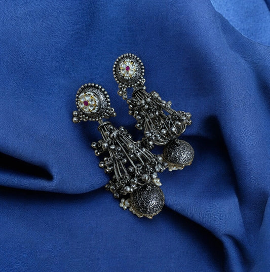 Bohemian Oxidised Earrings with Dangling Jhumkas with White Kundan