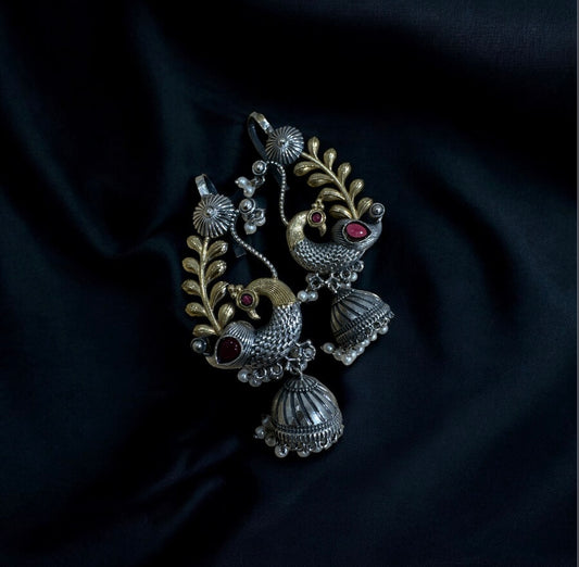 Bohemian Peacock Earrings Earcuff with Pearl Drops
