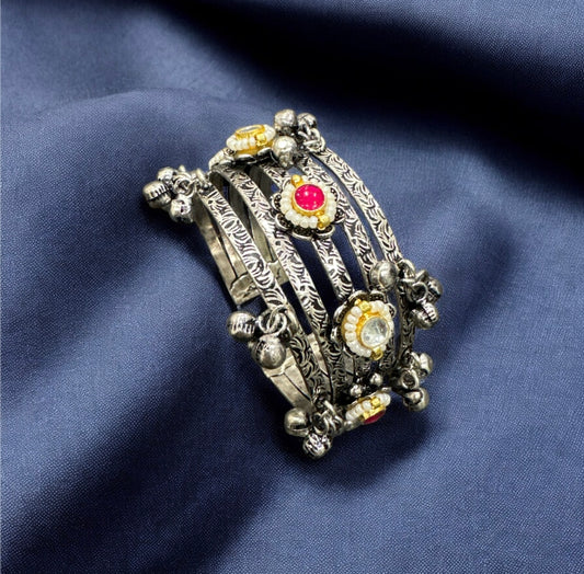 Tribal Engraved Kada with Kundan & Pearl Accents