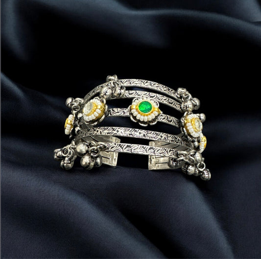 Tribal Engraved Kada with Kundan & Pearl Accents