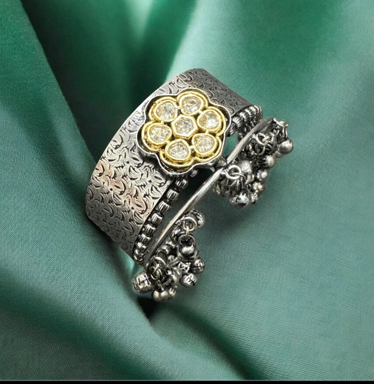 Oxidised Silver and Brass Kada with Diamond Flower