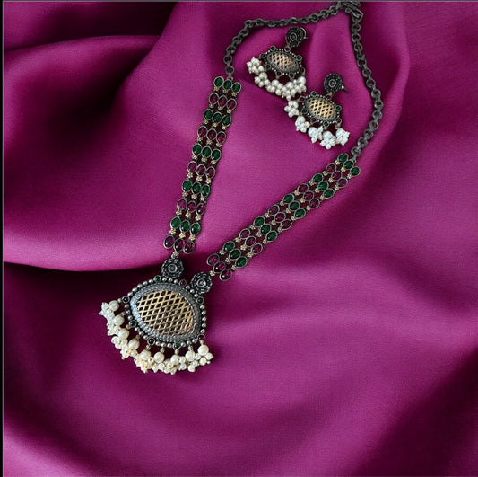Oxidized Brass Necklace Set with Stone and Pearl Drops