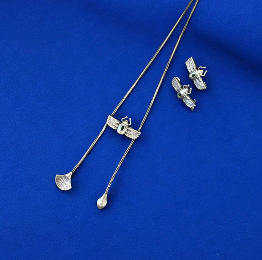 Boho Chic Oxidized Brass Beetle Lariat Necklace and Earcuff Set