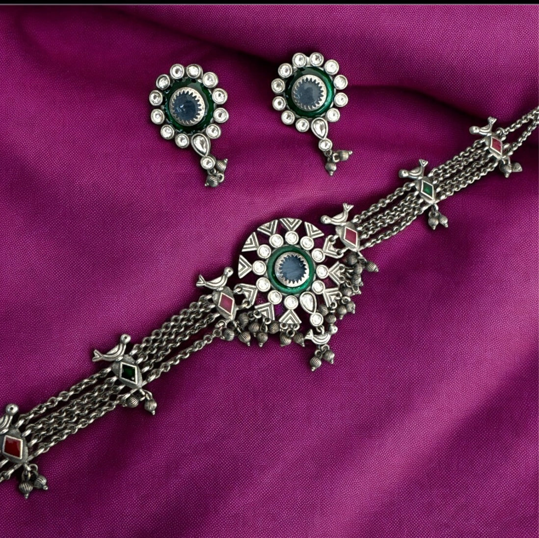 Oxidized Brass Navratri Choker with Green and Pink Stone Work