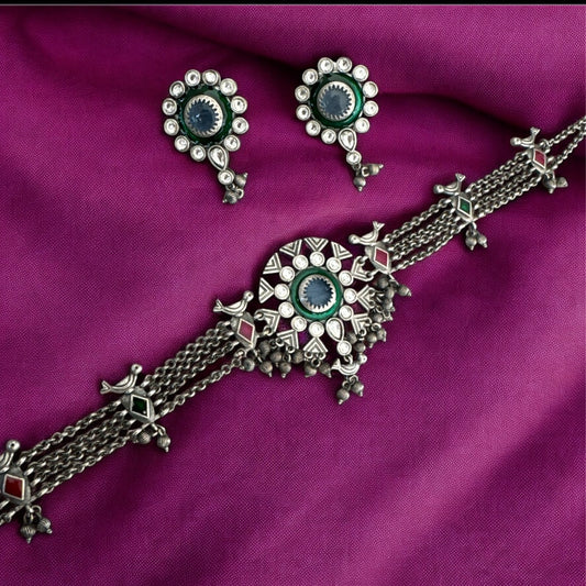 Oxidized Brass Navratri Choker with Green and Pink Stone Work