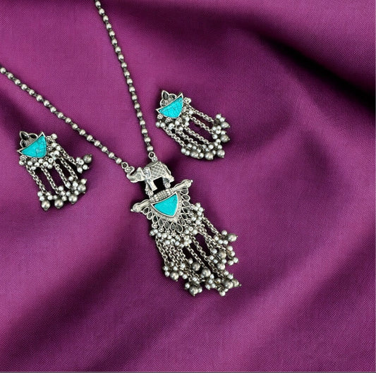 Oxidized Brass Elephant Pendant Necklace Set with Turquoise Accents