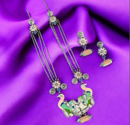 Bohemian Oxidized Brass Necklace Set with Peacock Design
