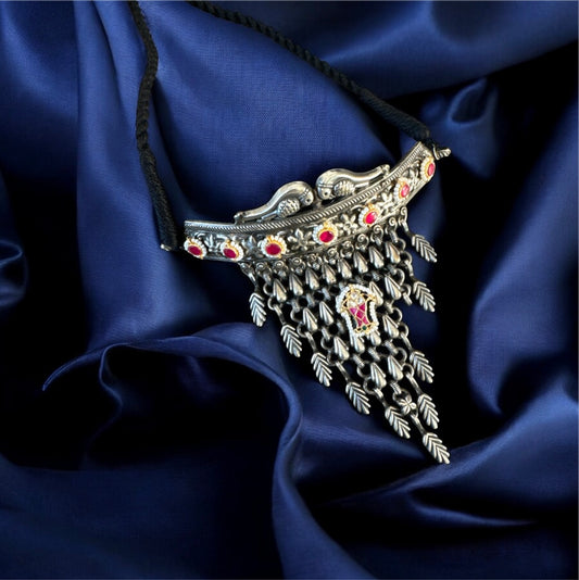 Oxidized Brass Navratri Necklace Set with Gemstone Accents