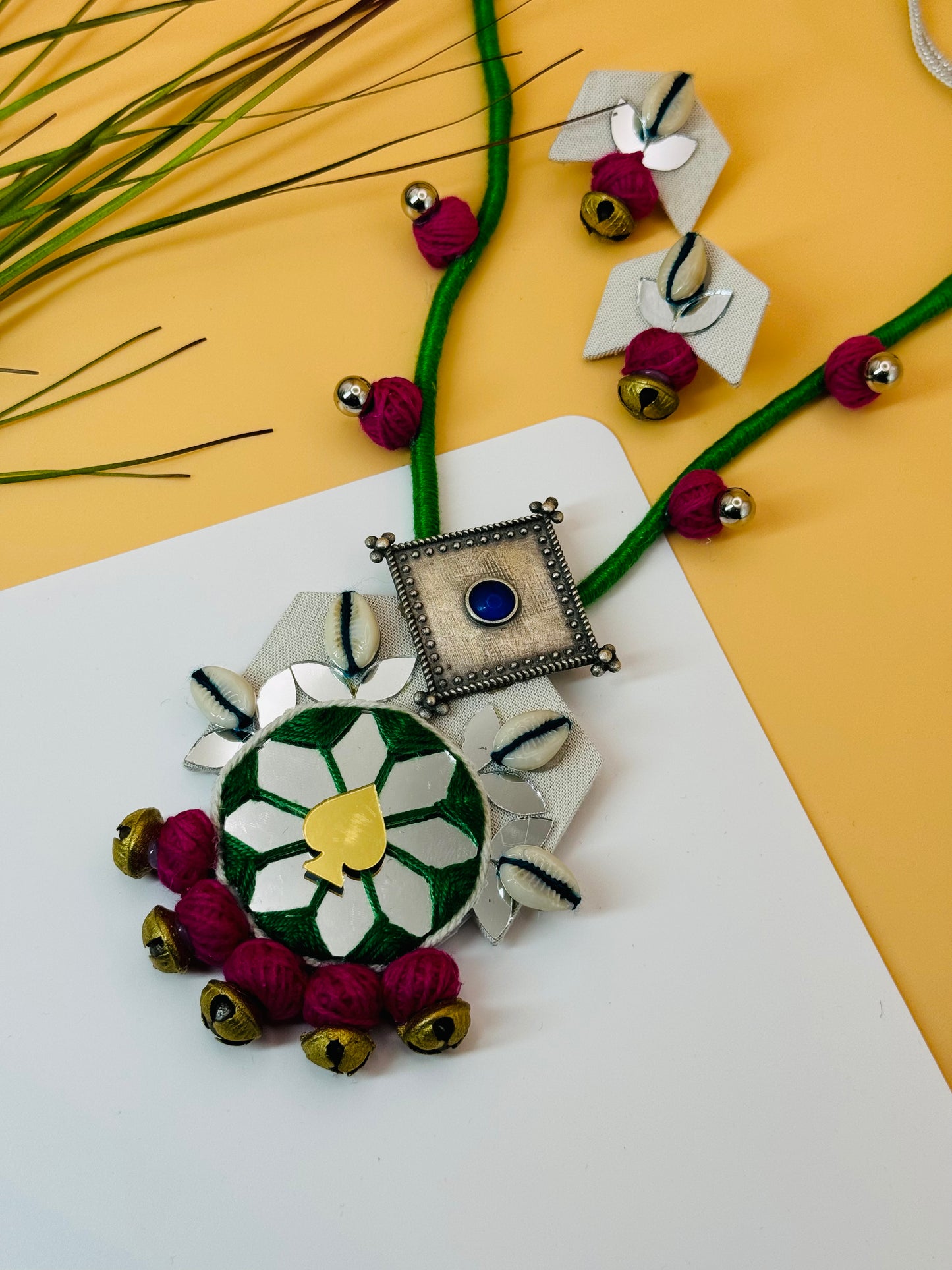 Green and Pink Handmade Necklace with Earrings & Sea Shells
