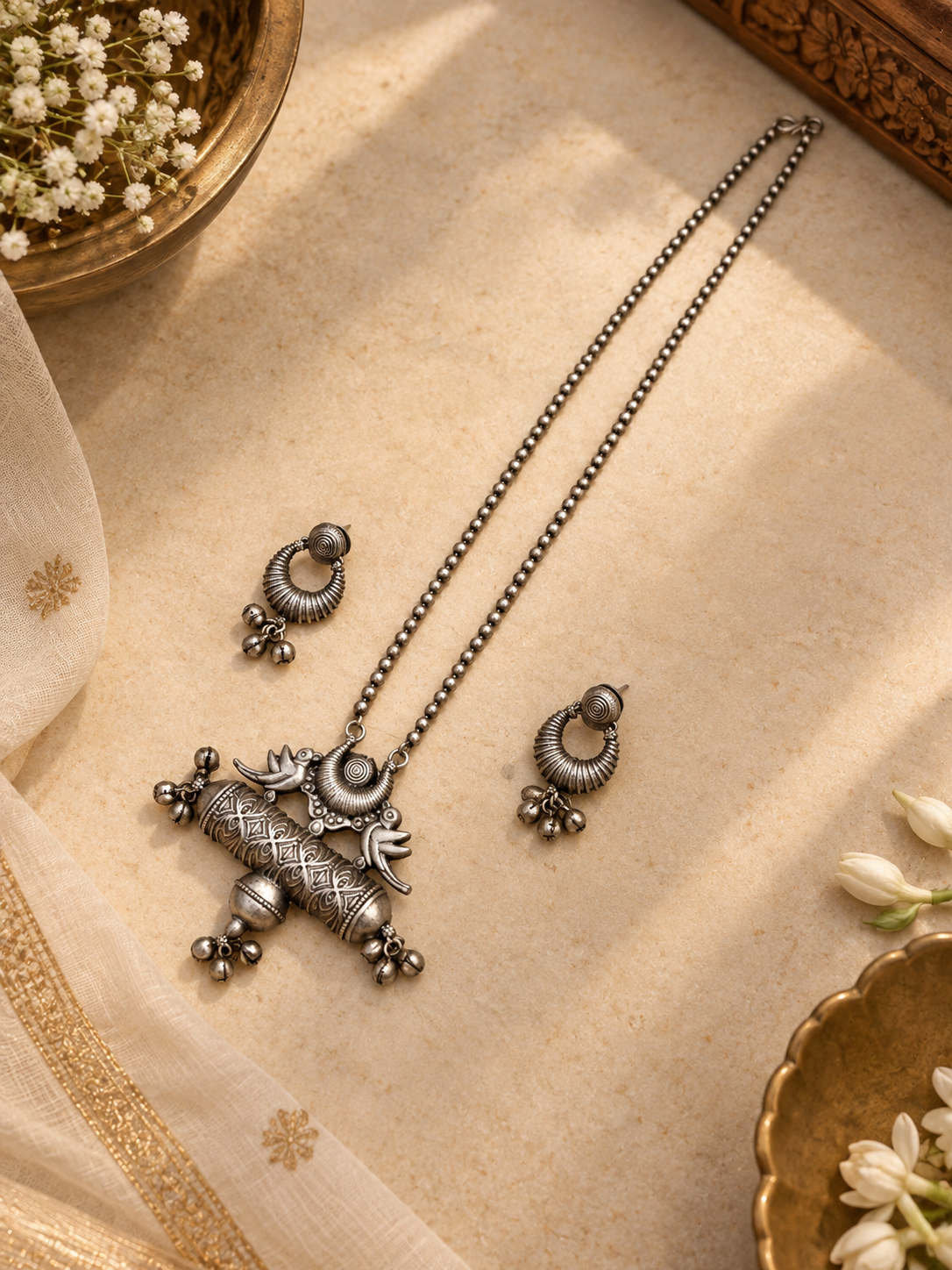 German Silver Bird Motif Necklace & Earrings Set with Ghungroo Work