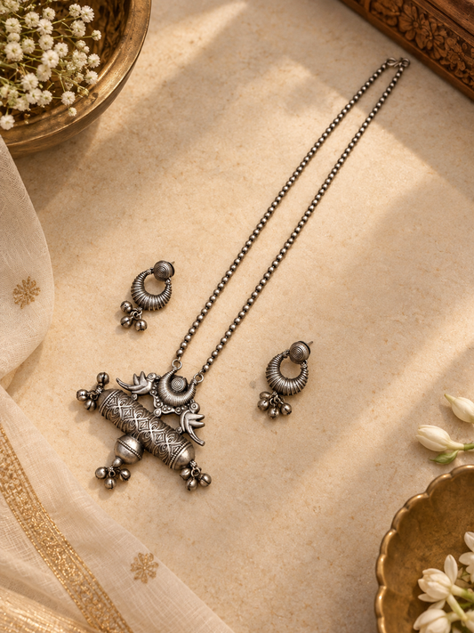 German Silver Bird Motif Necklace & Earrings Set with Ghungroo Work