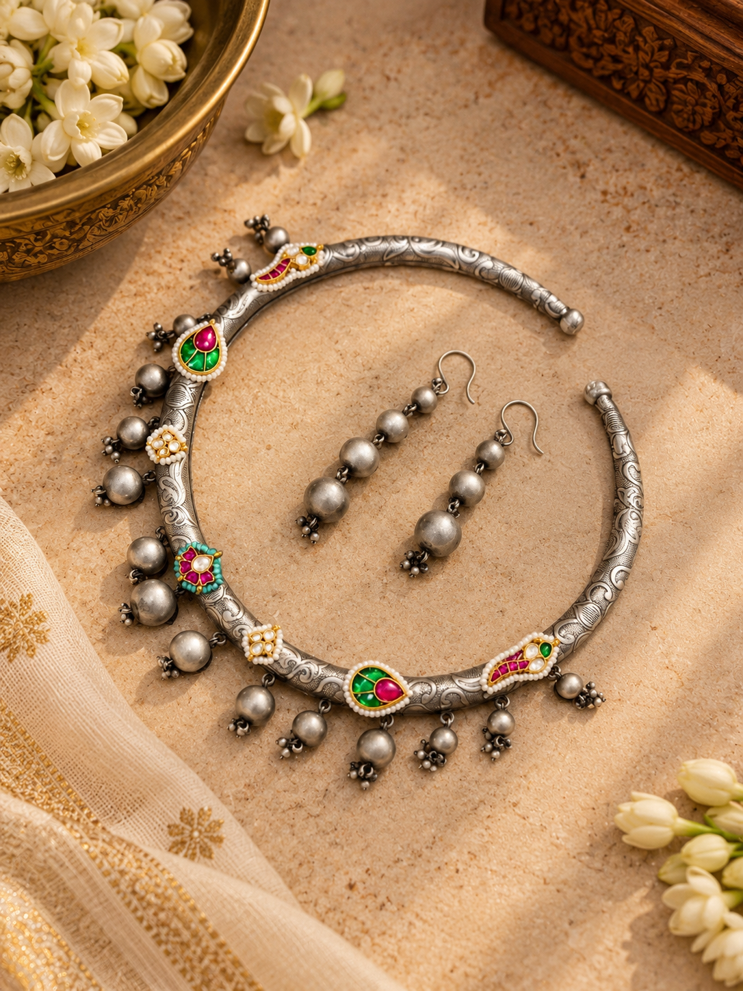 German Silver Multicolour Kundan Hasli Necklace & Earrings Set