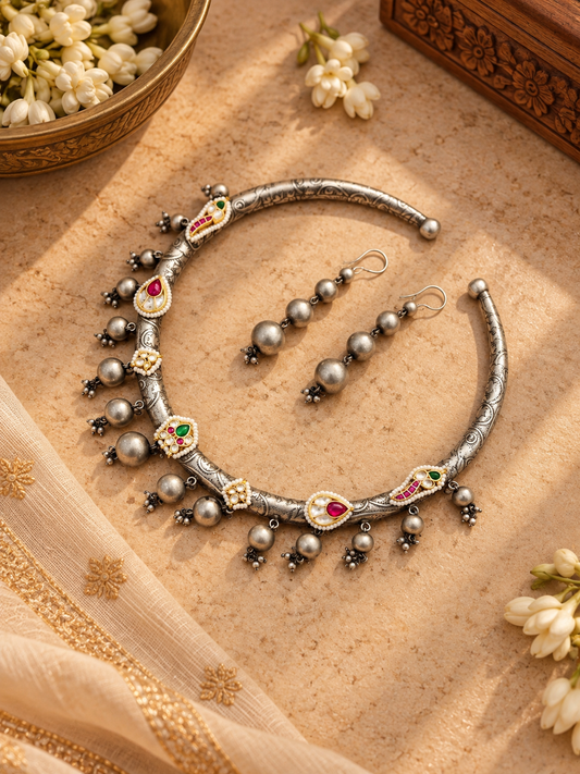 German Silver Pink & Green Kundan Hasli Necklace with Earrings