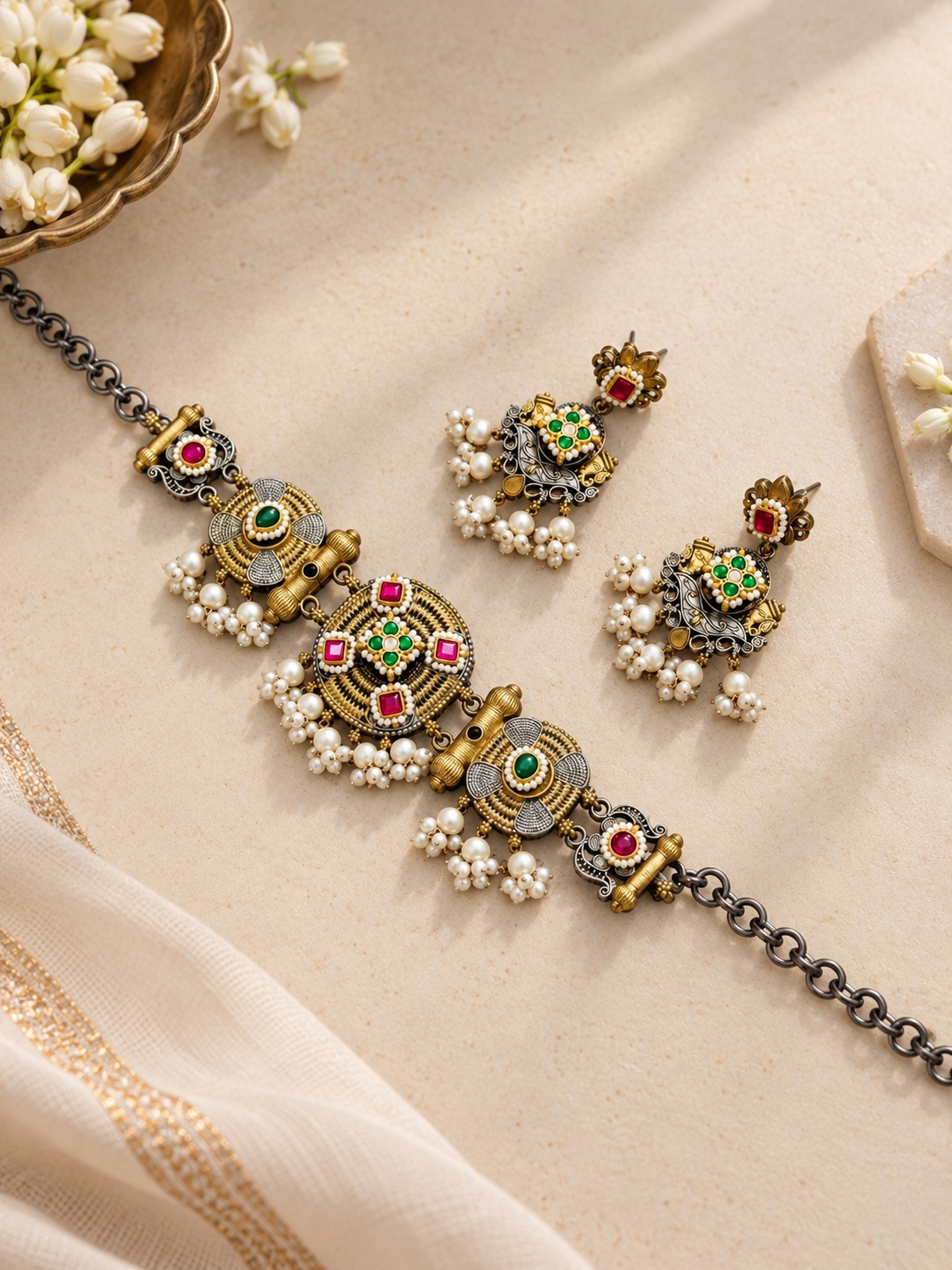 German Silver Dual-Tone Kundan Choker Necklace & Earrings Set