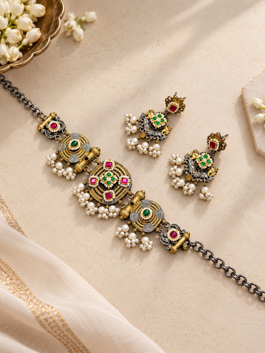 German Silver Dual-Tone Kundan Choker Necklace & Earrings Set