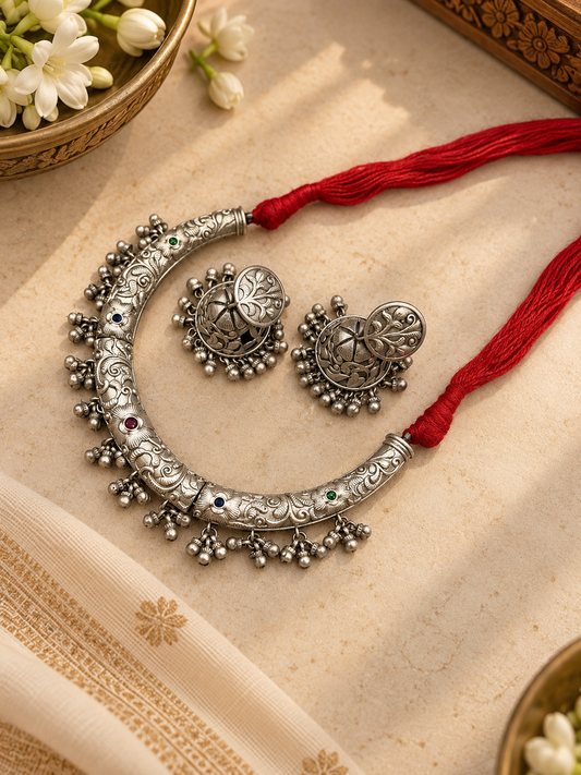 German Silver Floral Hasli Necklace & Earrings Set