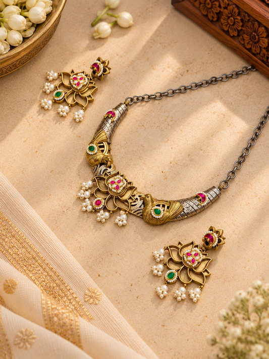 German Silver Peacock Lotus Kundan Necklace & Earrings Set
