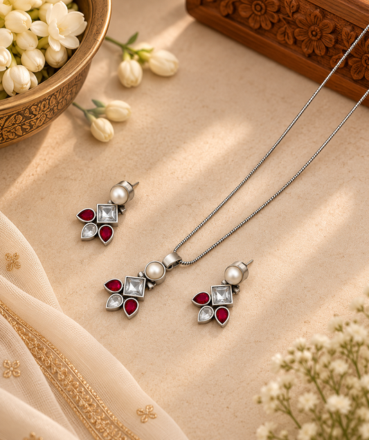 Silver Ruby Red Stone & Pearl Pendant Earrings Set