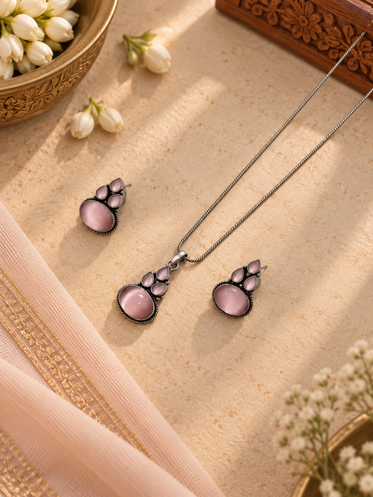 Silver Pastel Pink Cat-Eye Pendant & Earrings Set