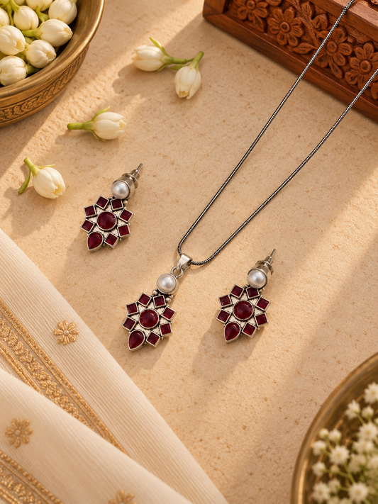 Silver Ruby Red Floral Pendant & Earrings Set