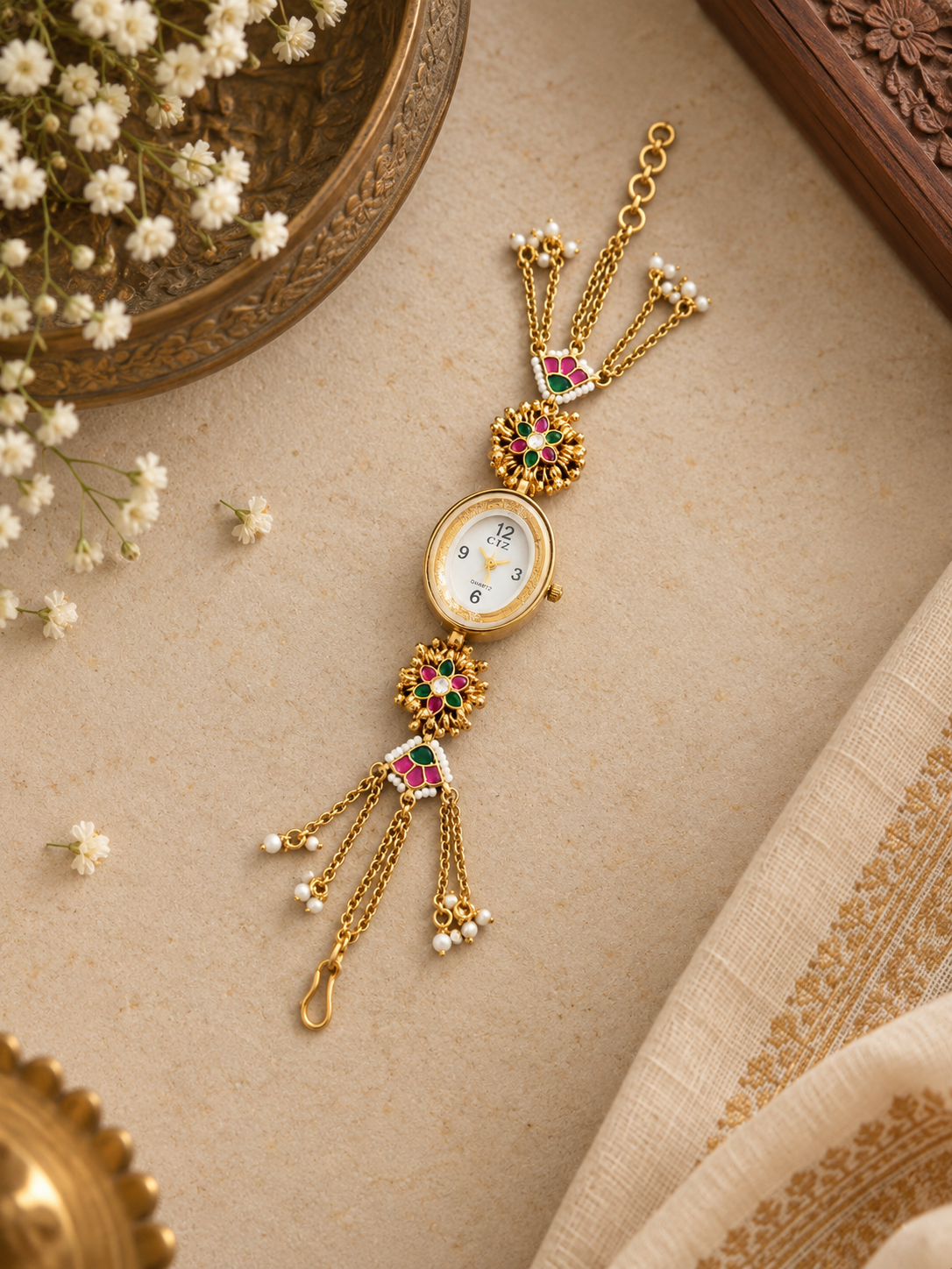 Gold-Tone  Kundan Floral Bracelet Watch