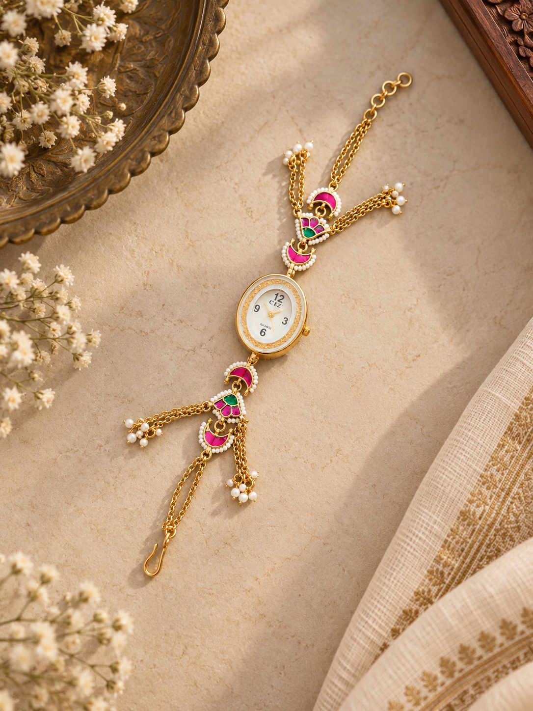 Gold-Tone Pink Green Kundan Bracelet Watch