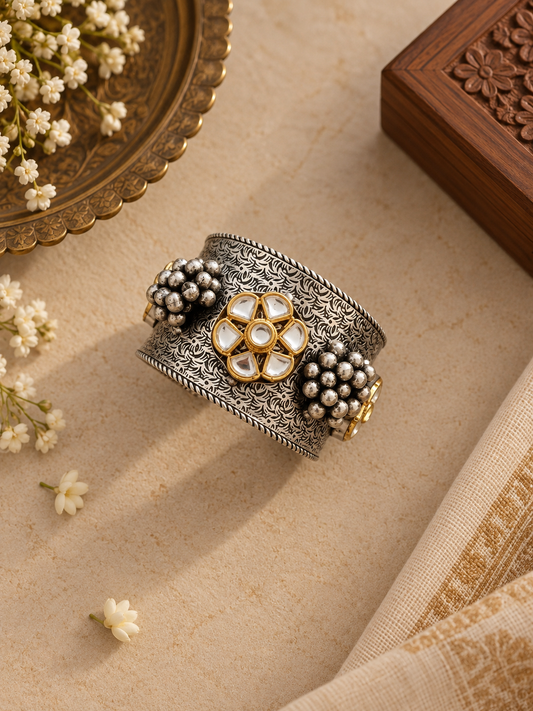 German Silver White Kundan Adjustable Cuff Bracelet – Single Piece
