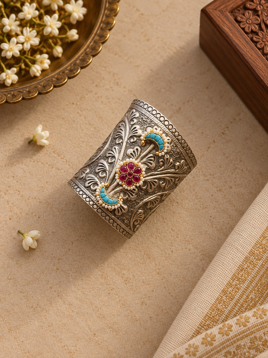 German Silver Kundan Adjustable Cuff Bracelet – Single Piece