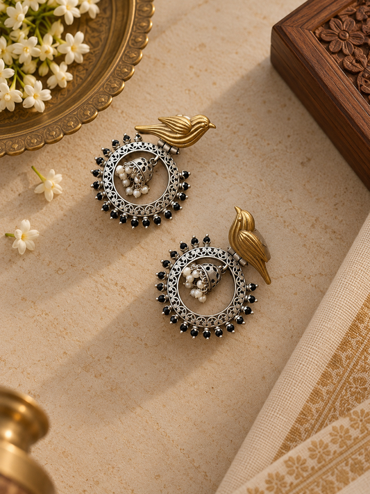 Dual-Tone German Silver Bird Hoop Black Bead Jhumka Earrings