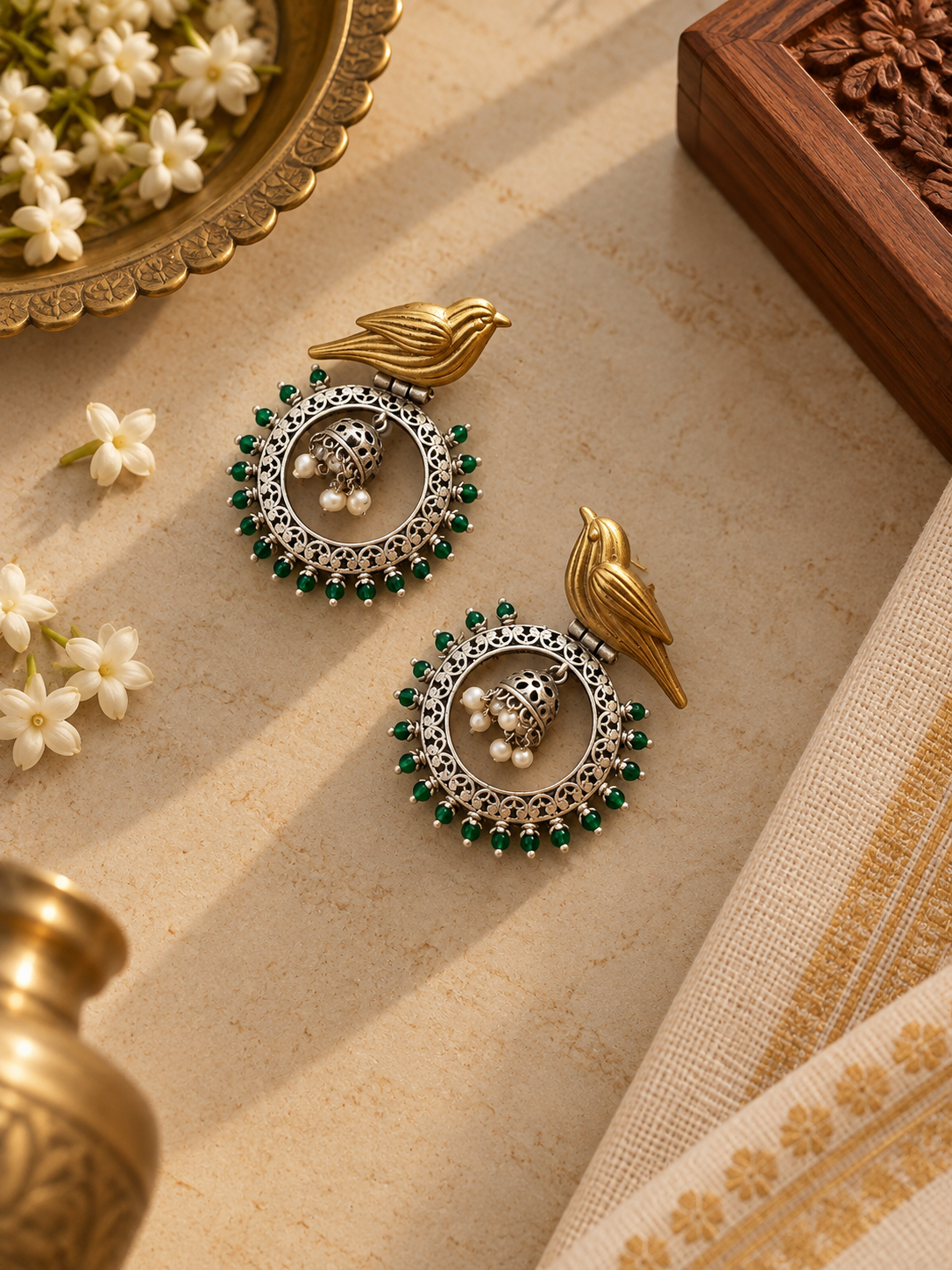 German Silver Golden Bird Dark Green Bead Hoop Jhumka Earrings