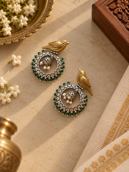 German Silver Golden Bird Dark Green Bead Hoop Jhumka Earrings