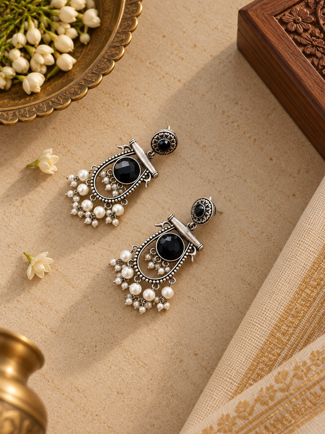 German Silver Black Stone Pearl Drop Earrings