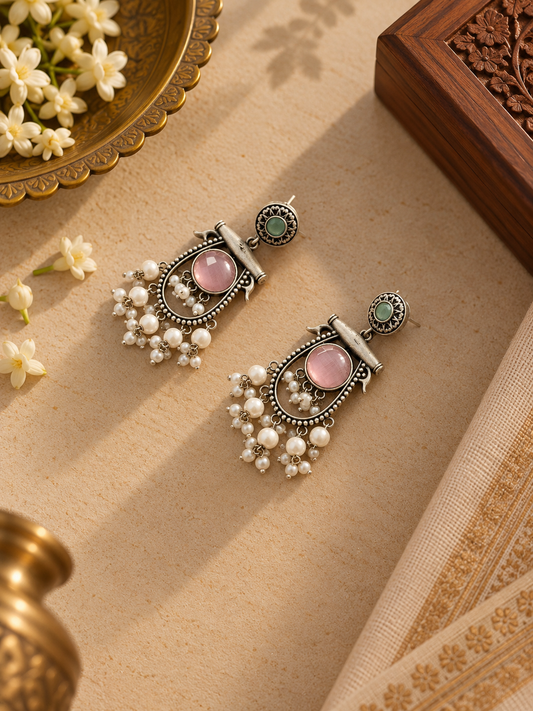 German Silver Pastel Pink Cat-Eye Pearl Drop Earrings