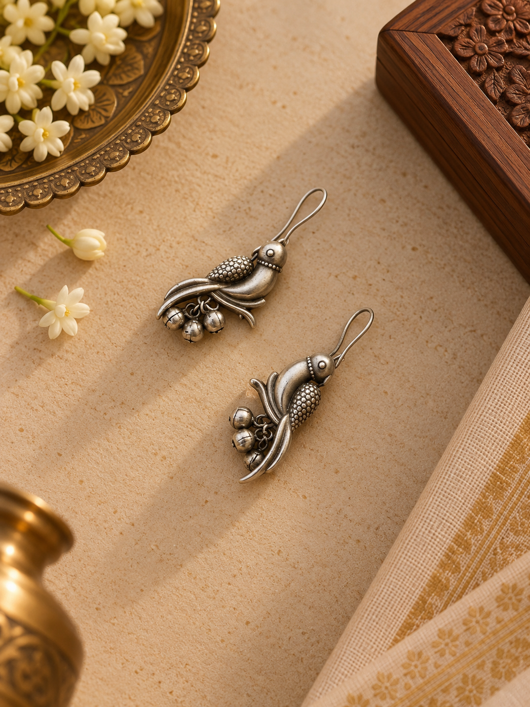 German Silver Bird Ghungroo Drop Earrings