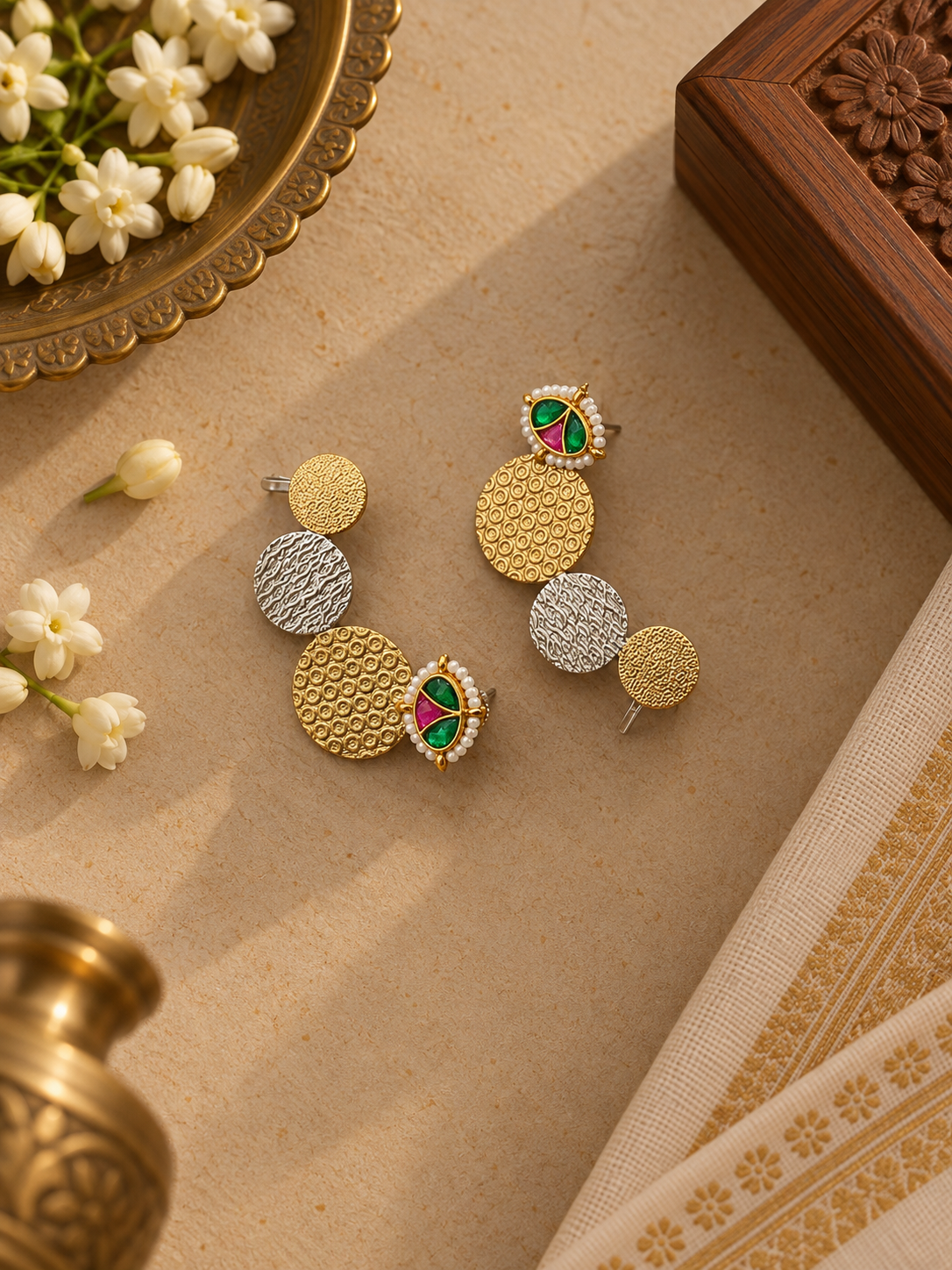 Dual-Tone German Silver Kundan Disc Ear Cuffs