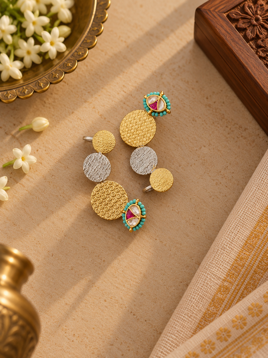 Dual-Tone German Silver Turquoise Kundan Disc Ear Cuffs