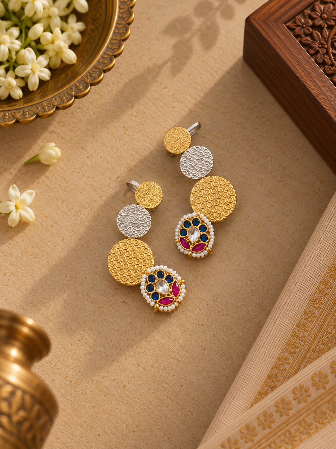 Dual-Tone German Silver Blue & Pink Kundan Ear Cuffs