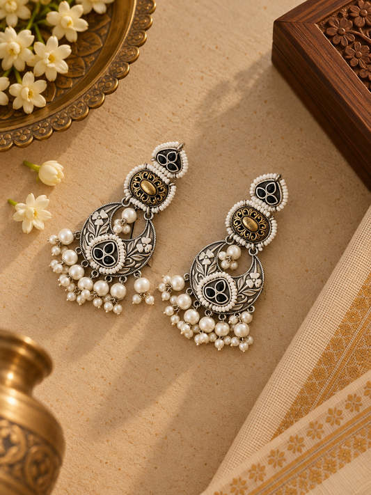 German Silver Black Stone Floral Pearl Drop Earrings