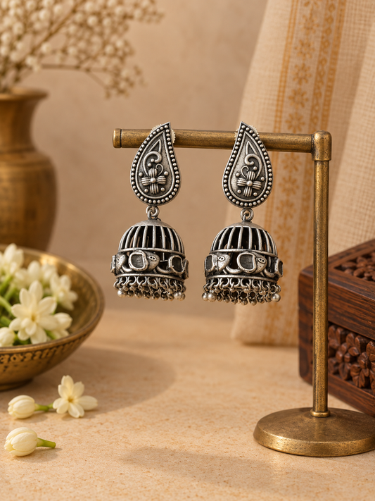 German Silver Elephant Dome Jhumka Earrings