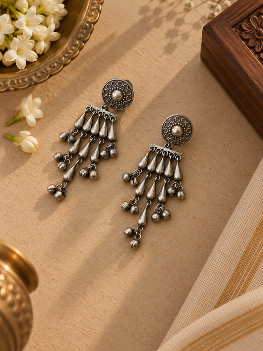 German Silver Tribal Tassel Chandelier Earrings