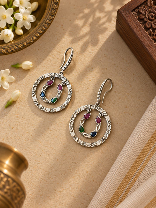 German Silver Multicolour Stone Floral Hoop Earrings