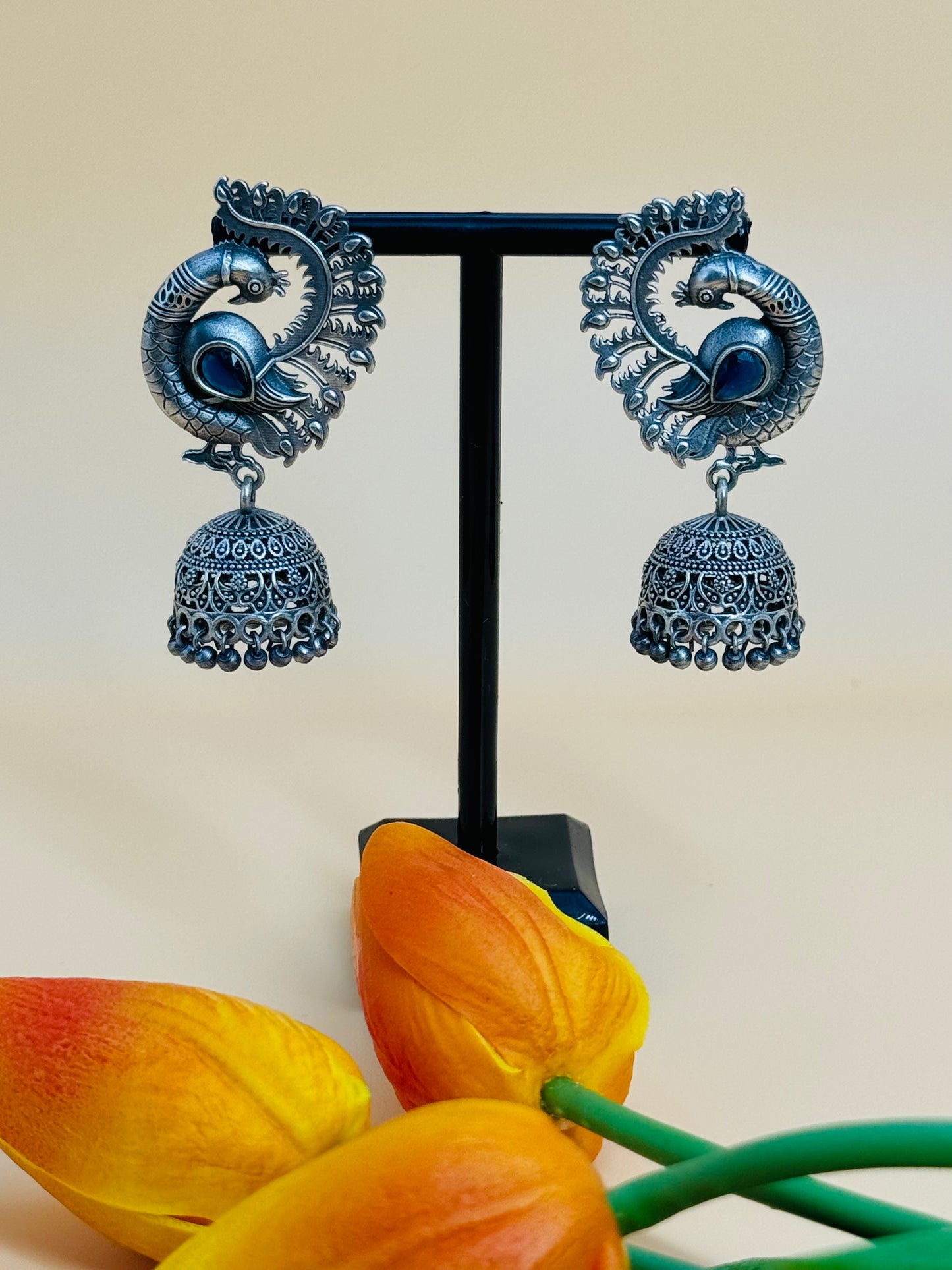 Majestic Peacock Blue Stone Jhumka