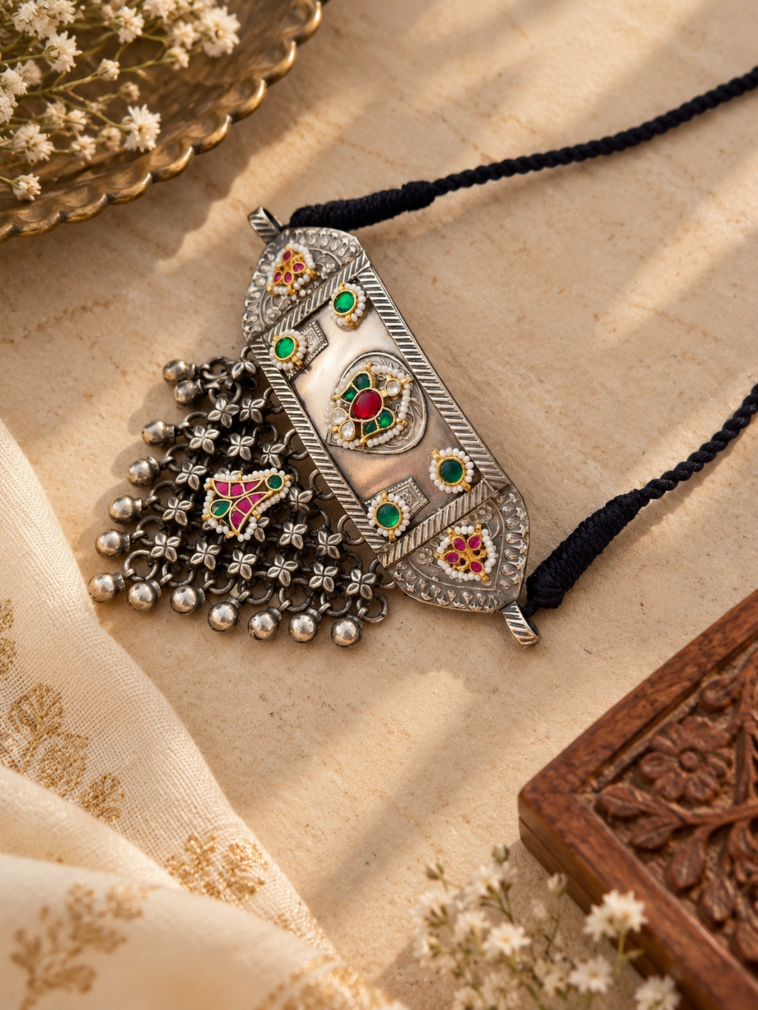 German Silver Green & Pink Kundan Pendant Necklace