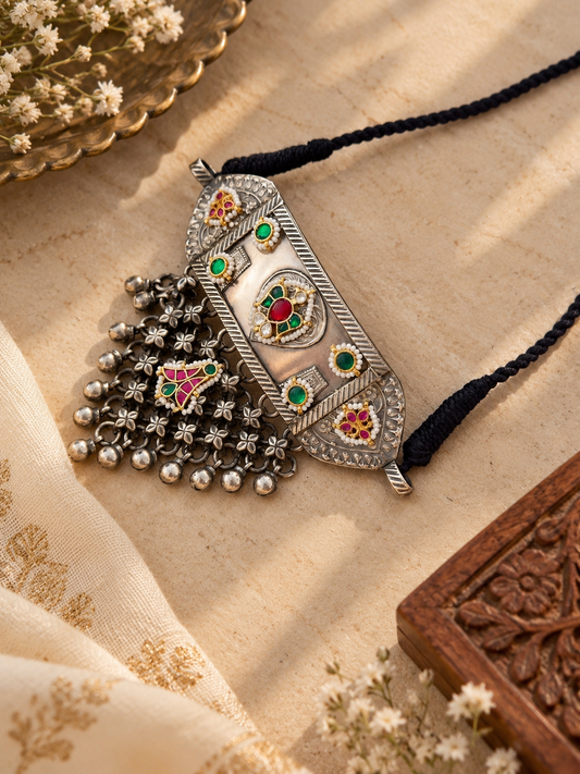 German Silver Green & Pink Kundan Pendant Necklace