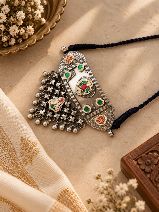 German Silver Green Round Stone Multicolour Pendant Necklace