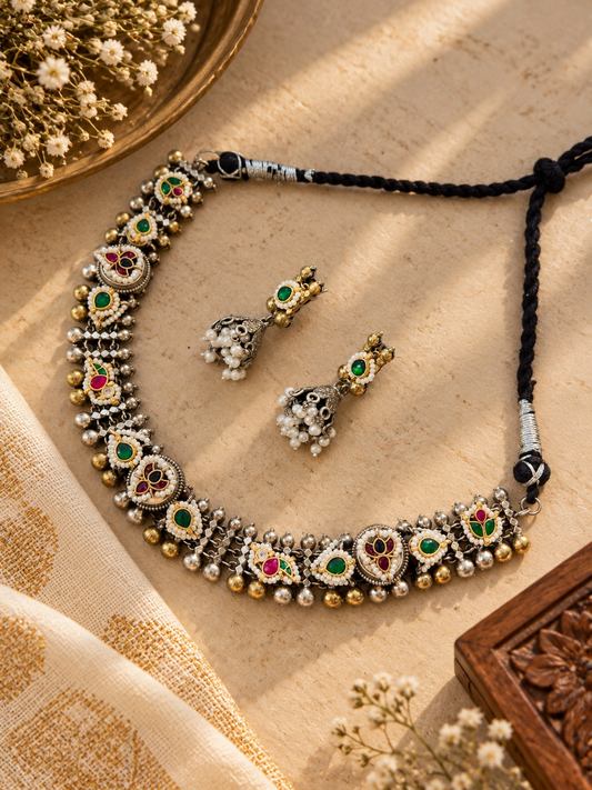 German Silver Multicolour Pachi Kundan Choker & Jhumka Earrings Set