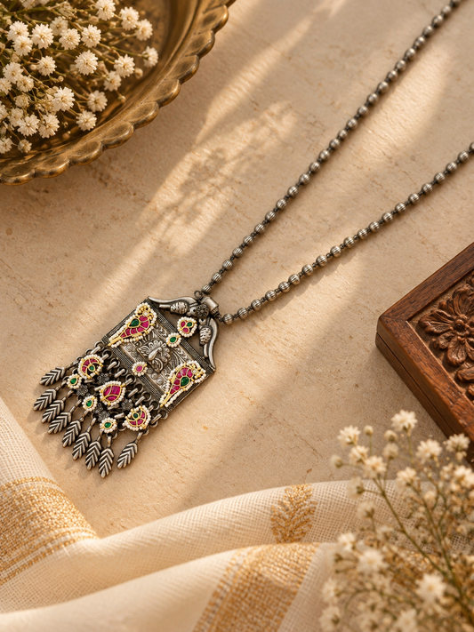 German Silver Peacock Kundan Long Necklace